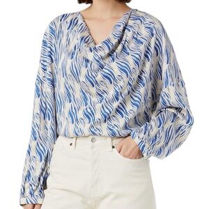 NWT SISLEY Long Sleeve Drape Neckline Tie Open Back Pattern Blouse size Medium